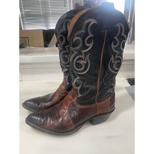 VTG Nocona Womens Cowboy Western Boots 7 Brown Teju Lizard Skin Flame Stitch